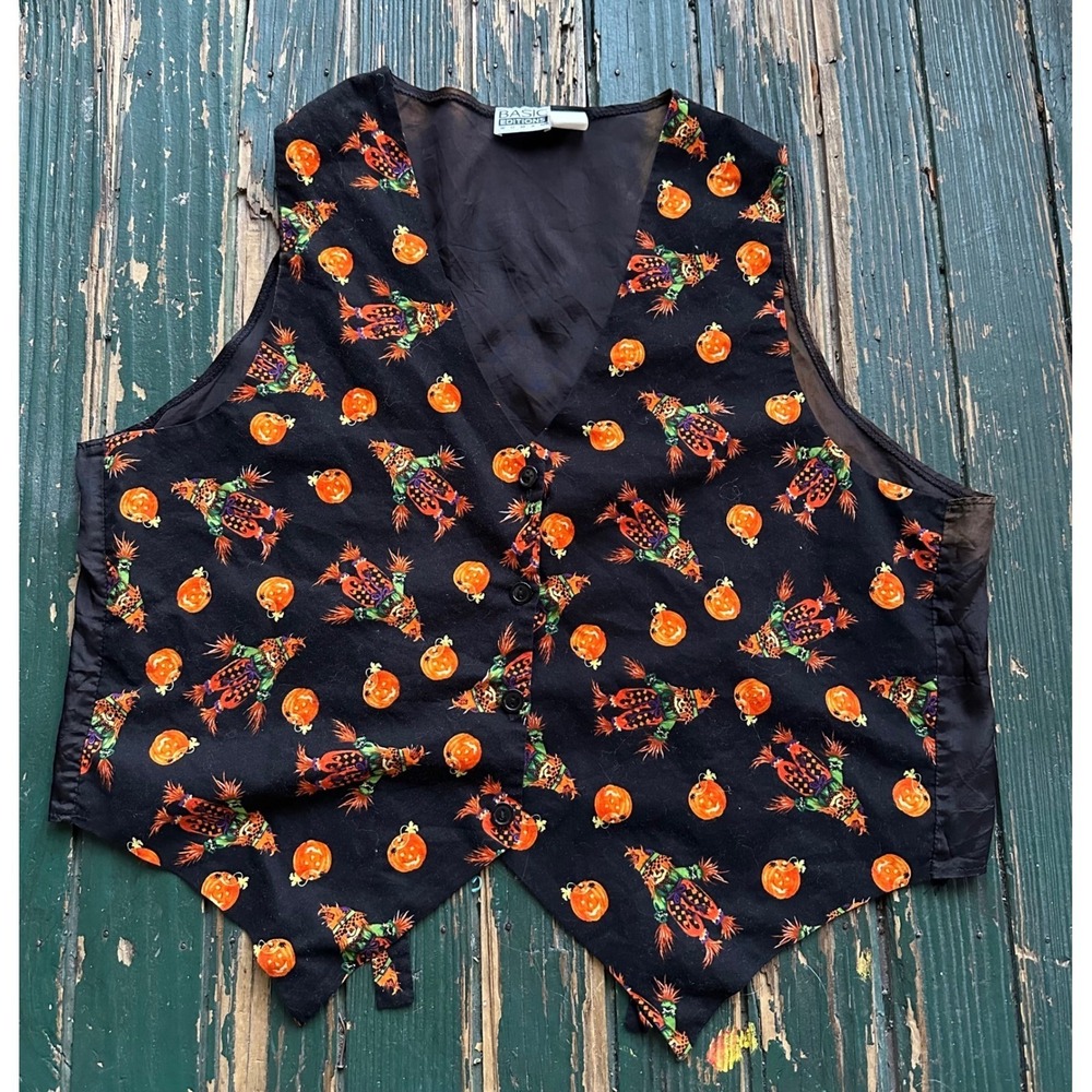 Basic Editions Woman Vintage Halloween Vest Scarecrow Pumpkin Black Size 20 Plus